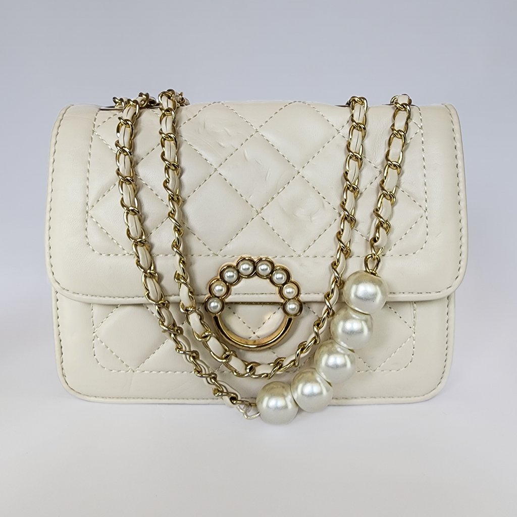Luxe Pearl-Embellished Quilted Crossbody Bag