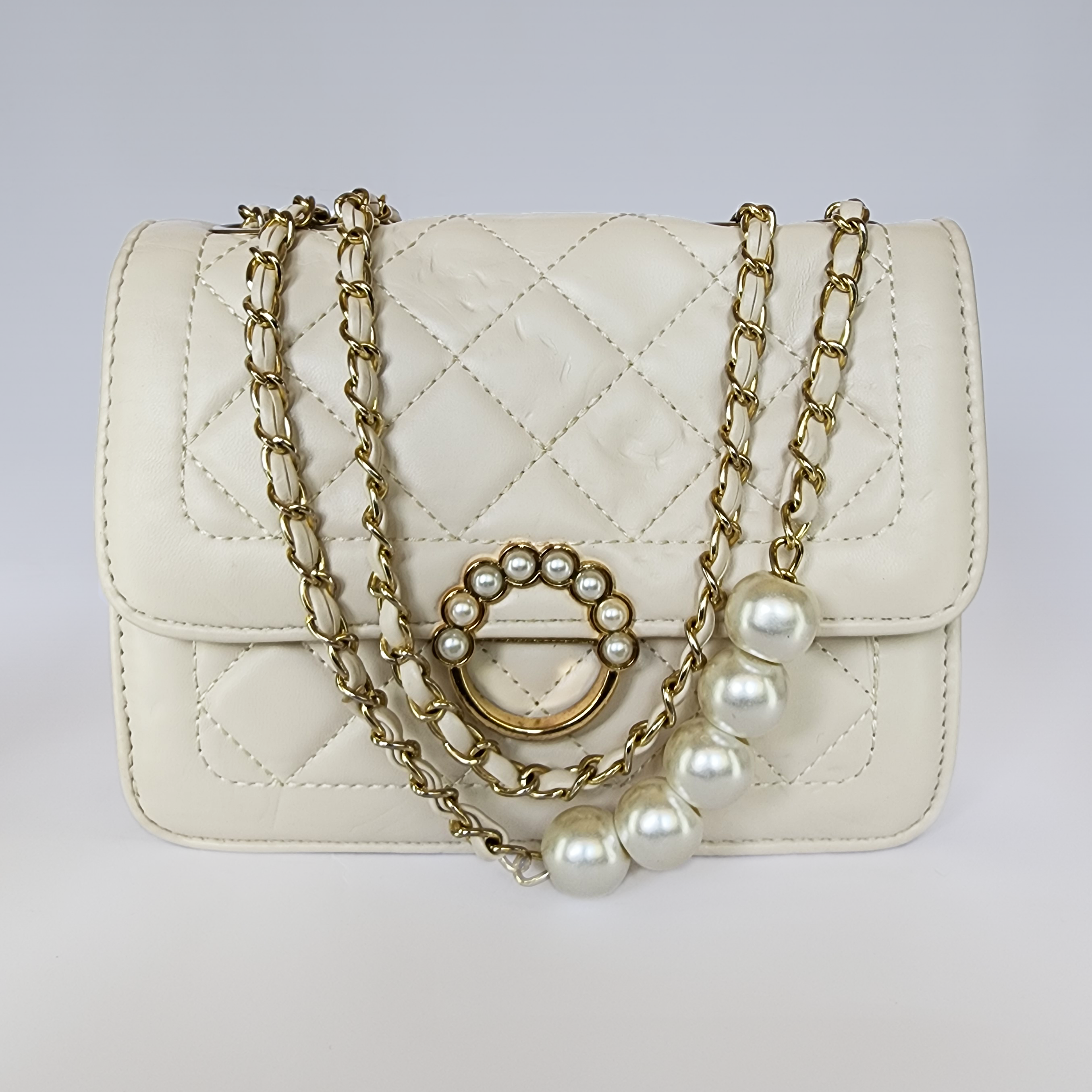 Luxe Pearl-Embellished Quilted Crossbody Bag