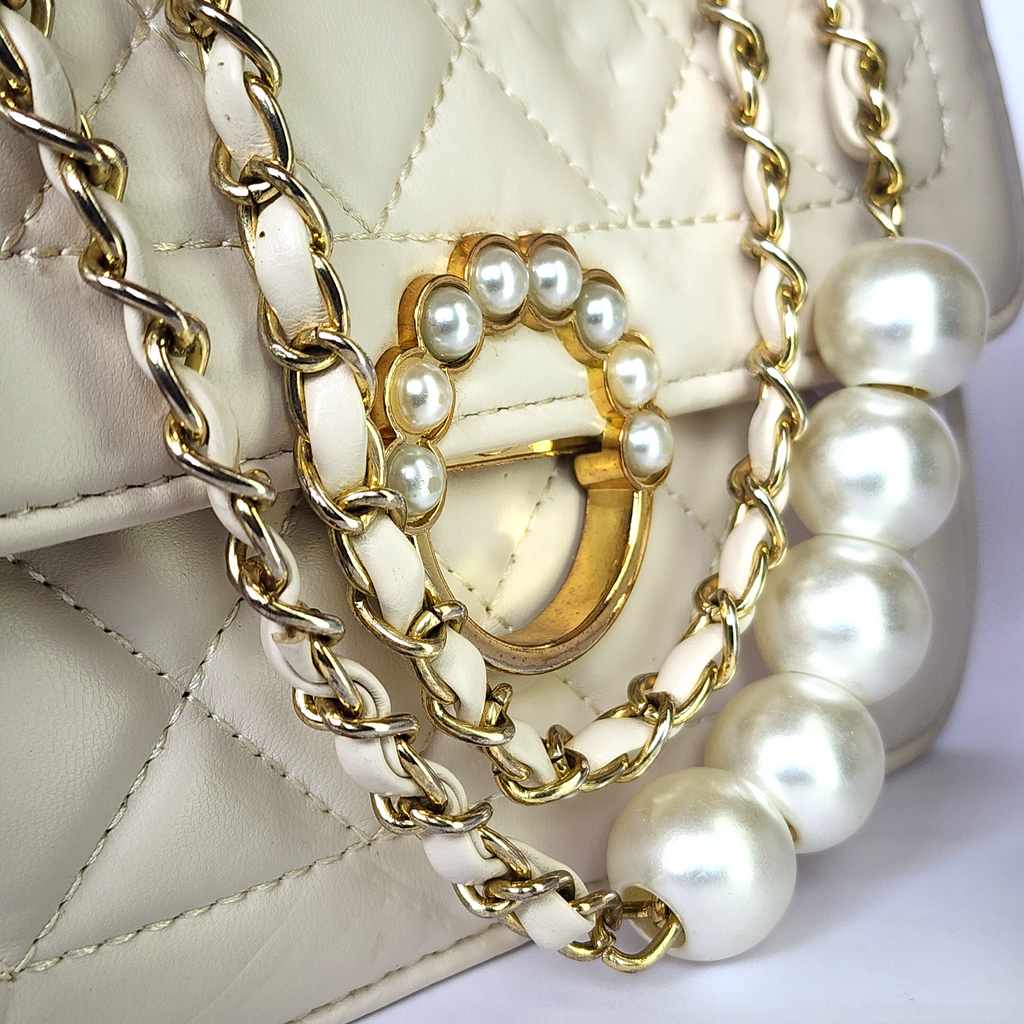 Luxe Pearl-Embellished Quilted Crossbody Bag