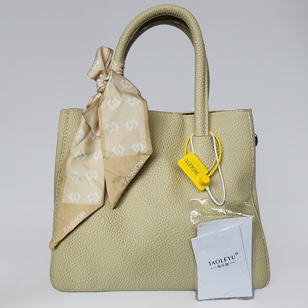 Champagne Pebbled Leather Tote Bag with Silk Scarf Accent