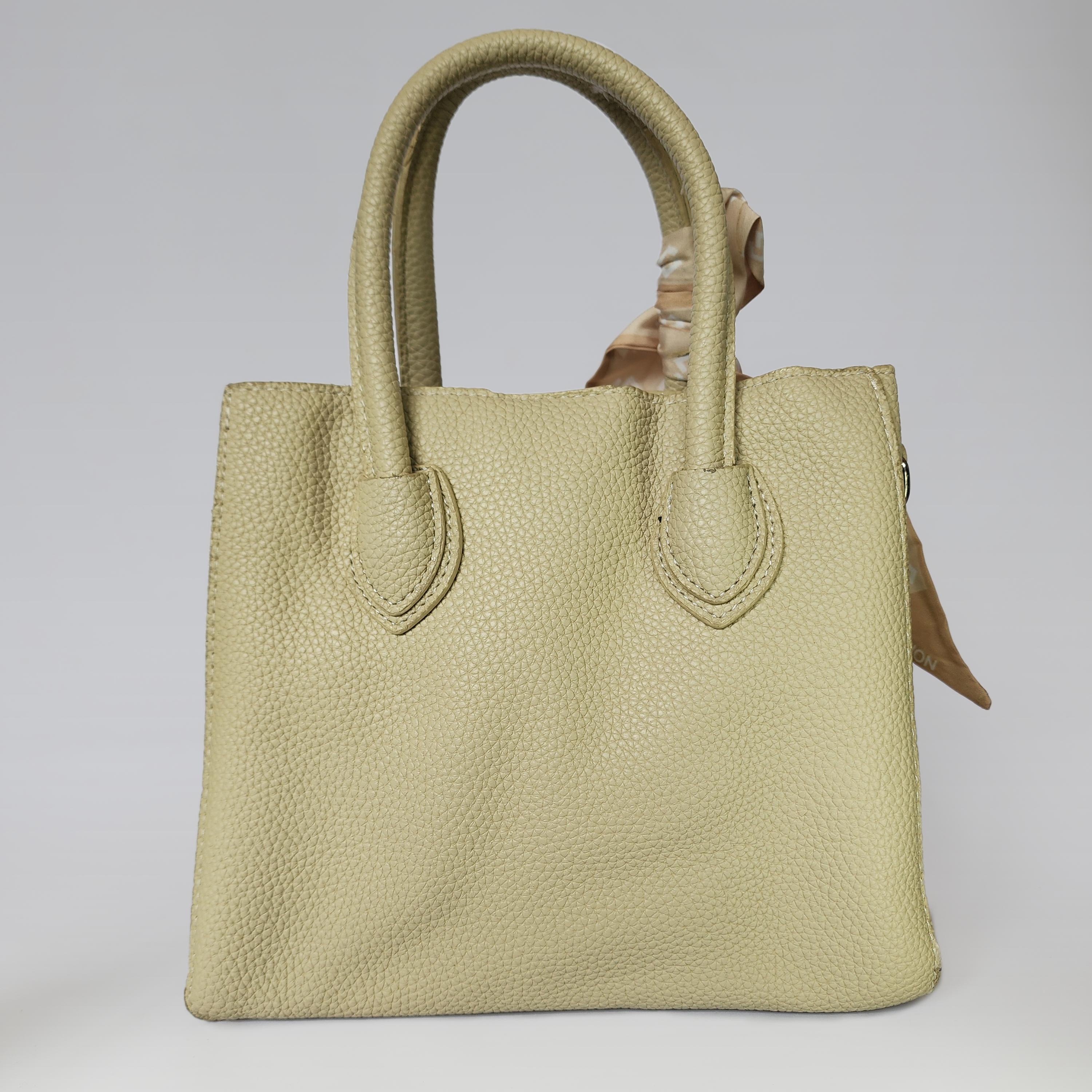 Champagne Pebbled Leather Tote Bag with Silk Scarf Accent