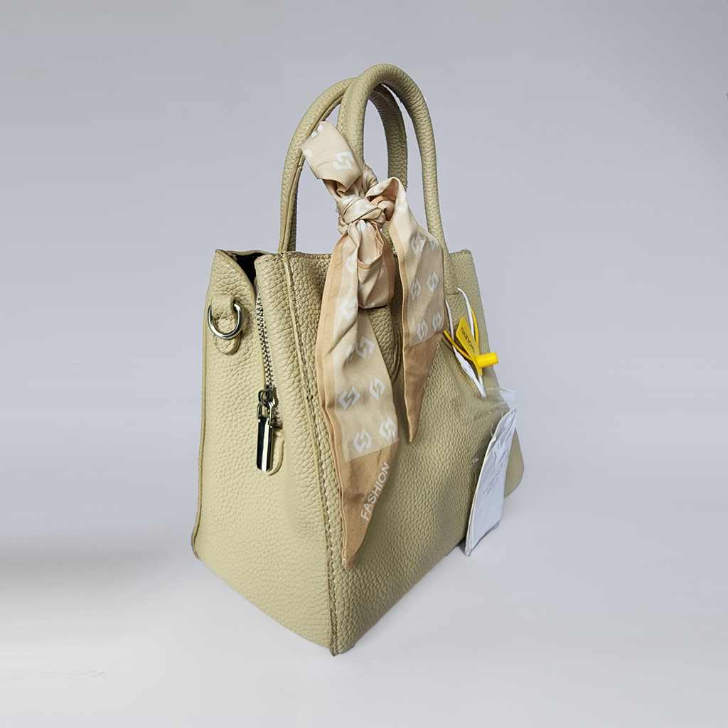 Champagne Pebbled Leather Tote Bag with Silk Scarf Accent