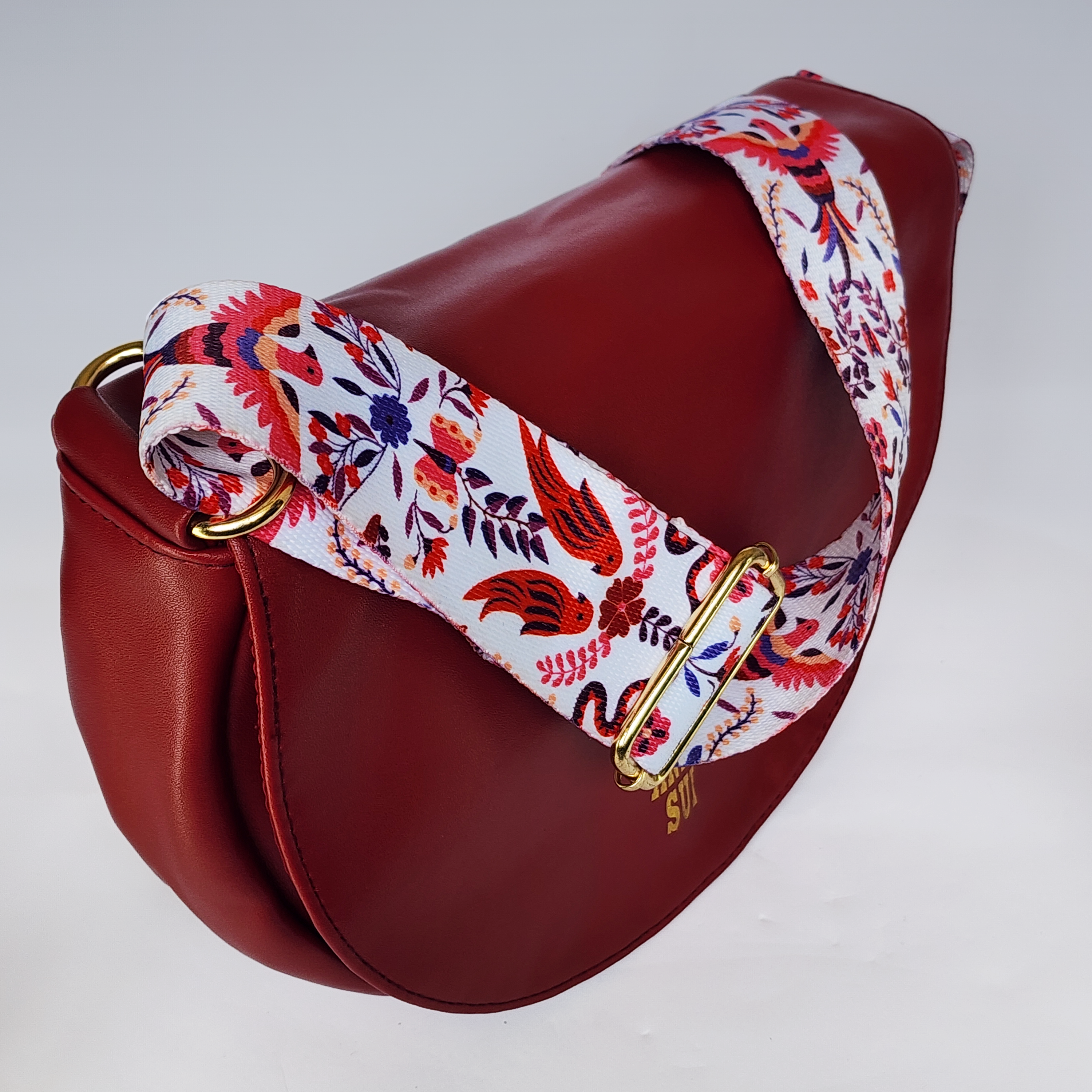 Anna Sui Burgundy Moon Bag with Bold Bird & Floral Strap