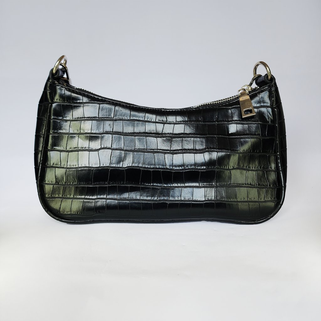 Black Croc-Embossed Crescent Shoulder Bag – Sleek & Edgy Luxury