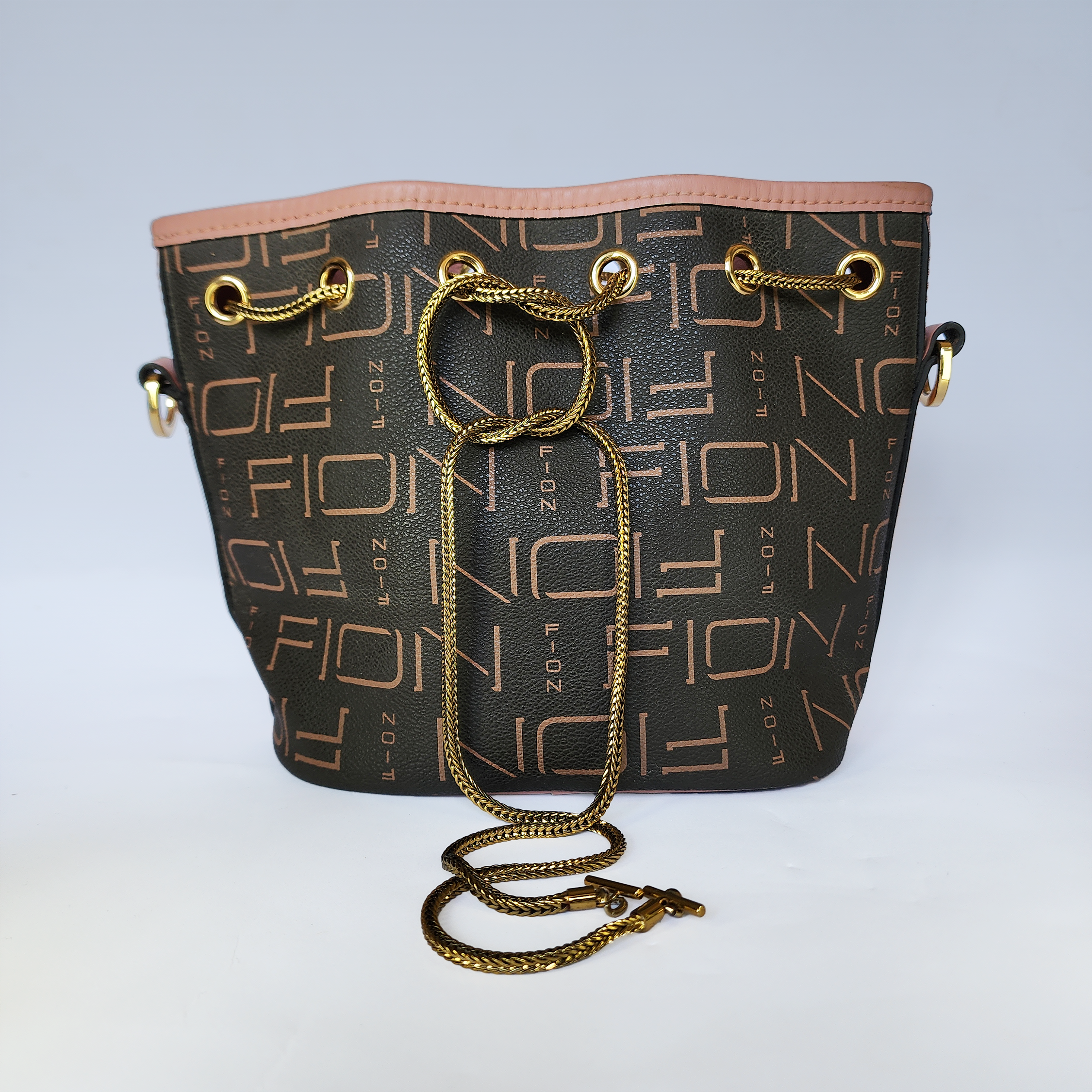 FION Logo Bucket Bag – Olive Green with Gold Drawstring