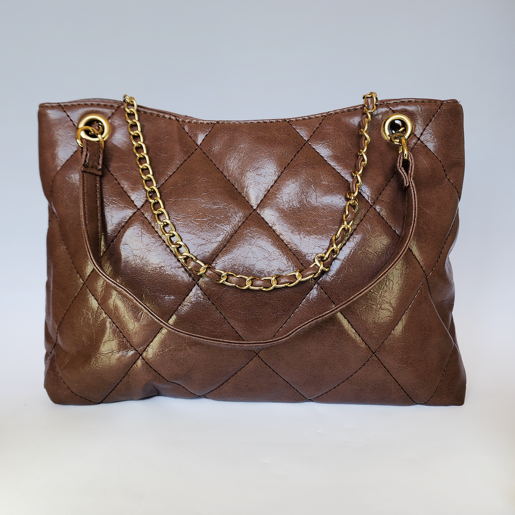 Brown Quilted Chain Tote Bag – Timeless Elegance