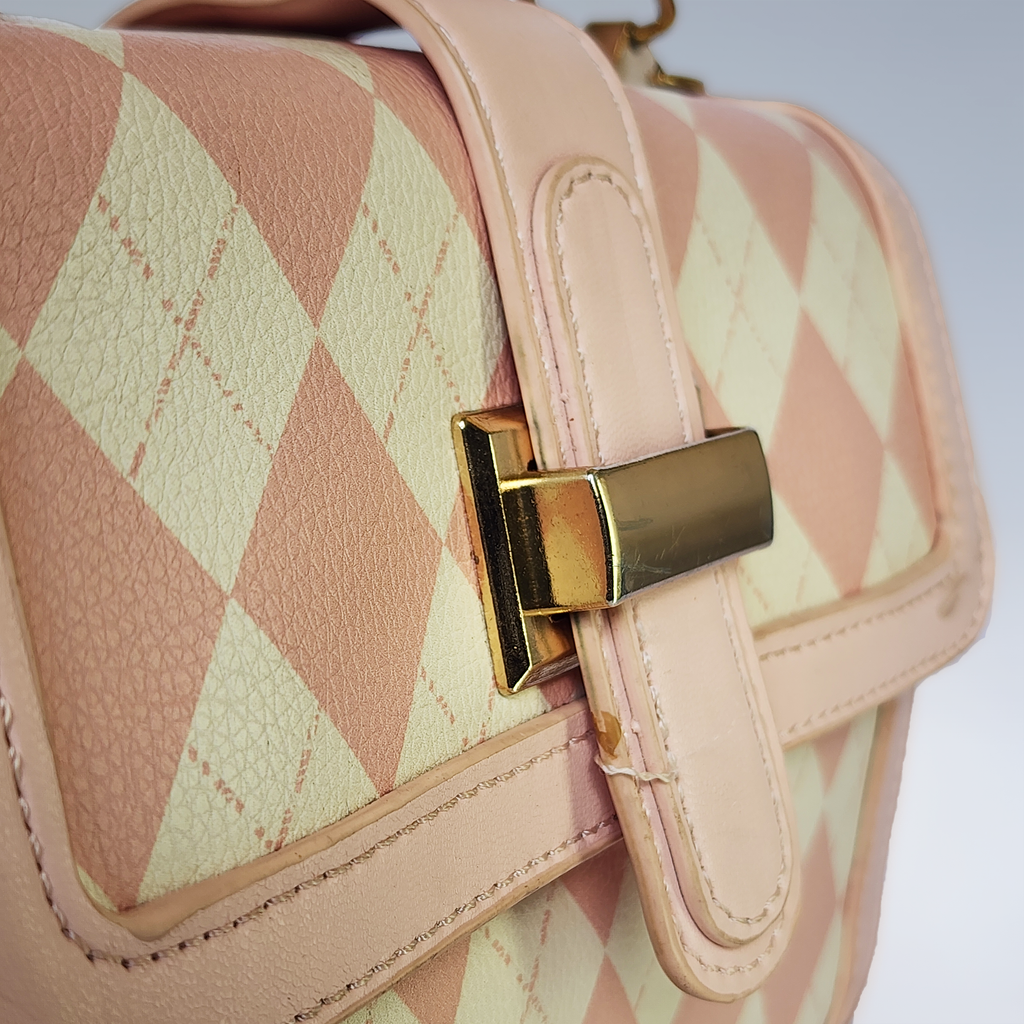 Blush Pink & Cream Argyle Top Handle Bag