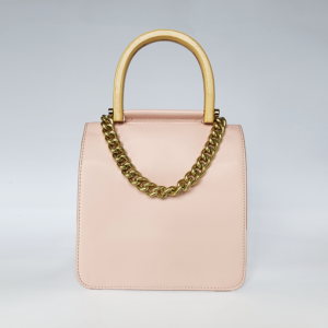 blush pink handbag with wood handle & gold chain