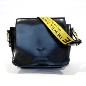 pre loved black crossbody bag with yellow industrial statement strap