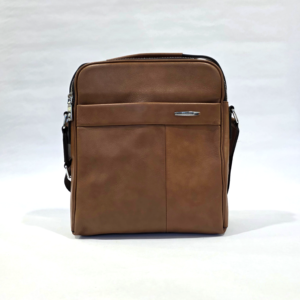 Pre-loved FEGER brown textured vertical messenger crossbody bag with silver-tone hardware and front slip pocket.