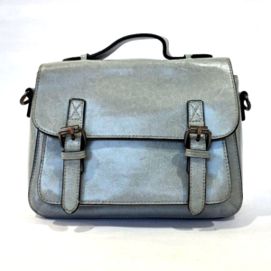 Pre-loved ice blue glossy crinkled satchel bag with dual front buckles, top handle, and crossbody strap.