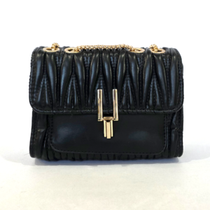 Pre-loved black ruched matelassé flap bag with a gold chain strap and elongated front clasp.