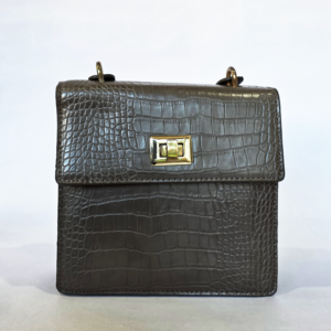 Pre-loved taupe structured flap bag featuring a glossy mock-croc embossed texture and gold front clasp.