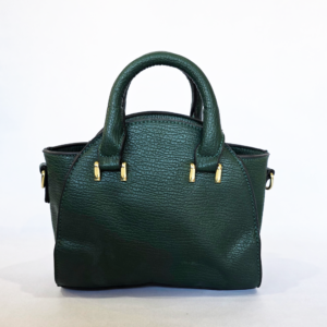 Pre-loved emerald green pebbled top-handle bag featuring gold-tone hardware and side rings.