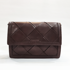 Pre-loved chocolate brown flap bag featuring a large woven pattern and Milan Fashion embossing.