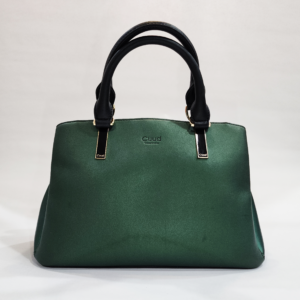 Pre-loved Cuud emerald green satchel bag featuring a metallic finish, black top handles, and a statement gold zipper pull.