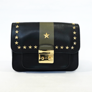 Pre-loved Michael Kors black flap bag with an olive green stripe, gold star studs, and an engraved gold front clasp.
